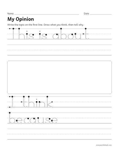 Preview of the printable “My opinion writing page (Any Topic)” worksheet: telling the topic and an opinion about it with a reason