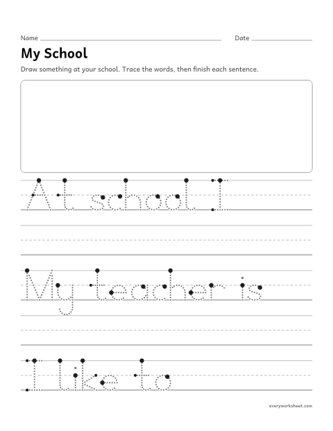 Preview of the printable “My school writing prompt” worksheet: telling facts about school