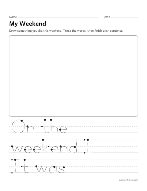 Preview of the printable “My weekend writing prompt” worksheet: telling about something that happened, in order