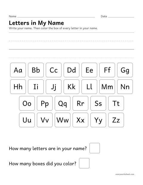Preview of the printable “Letters in my name” worksheet: finding the letters in my name