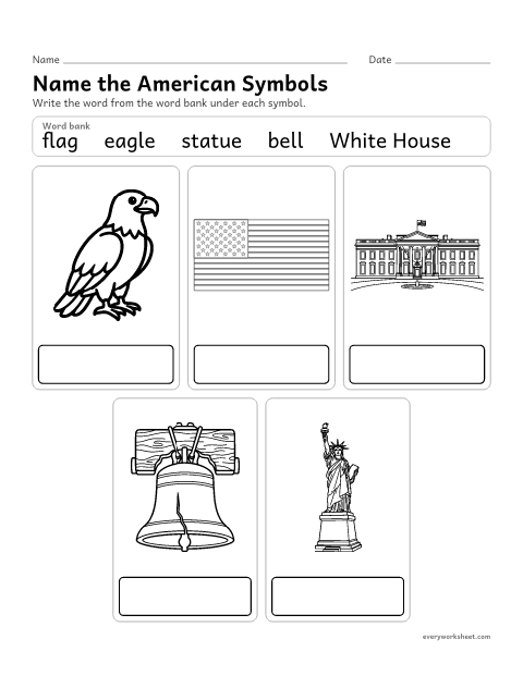 Preview of the printable “Name the american symbols” worksheet: writing the names of American symbols with a word bank