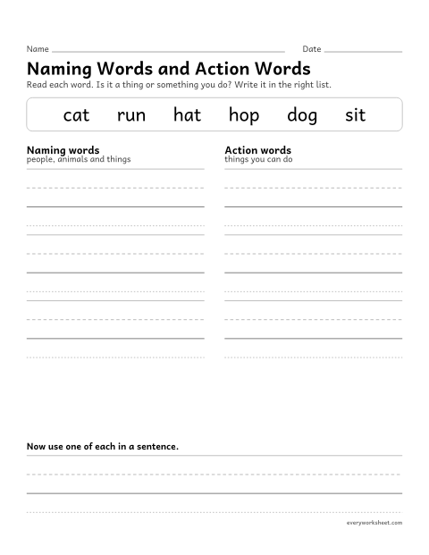 Preview of the printable “Naming words and action words” worksheet: sorting nouns and verbs