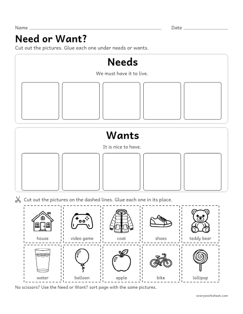 Preview of the printable “Needs and wants cut and paste” worksheet: sorting pictures into needs and wants