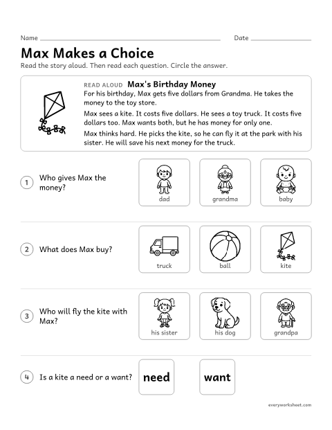 Preview of the printable “Needs and wants Story: max makes a choice” worksheet: answering questions about a story where a child chooses between two wants