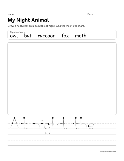 Preview of the printable “Draw a nocturnal animal at night” worksheet: drawing and writing about a nocturnal animal