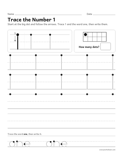 Preview of the printable “Trace the number 1” worksheet: writing the number 1