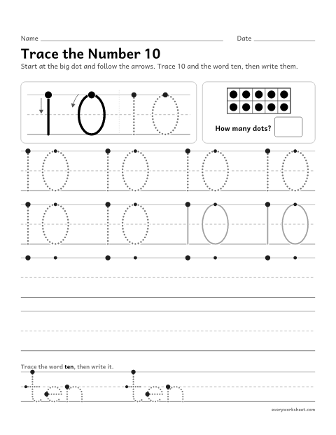 Preview of the printable “Trace the number 10” worksheet: writing the number 10
