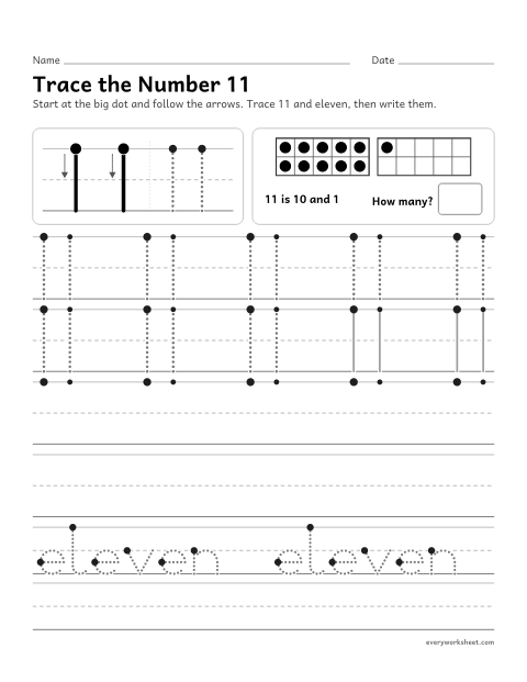 Preview of the printable “Trace the number 11” worksheet: writing the number 11