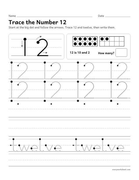 Preview of the printable “Trace the number 12” worksheet: writing the number 12