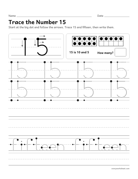 Preview of the printable “Trace the number 15” worksheet: writing the number 15
