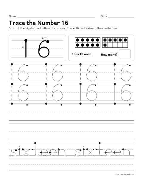 Preview of the printable “Trace the number 16” worksheet: writing the number 16