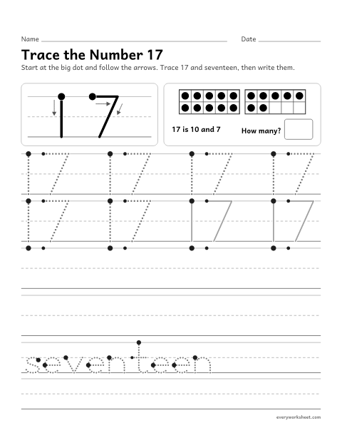 Preview of the printable “Trace the number 17” worksheet: writing the number 17