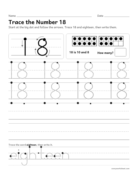 Preview of the printable “Trace the number 18” worksheet: writing the number 18