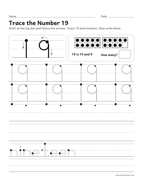 Preview of the printable “Trace the number 19” worksheet: writing the number 19