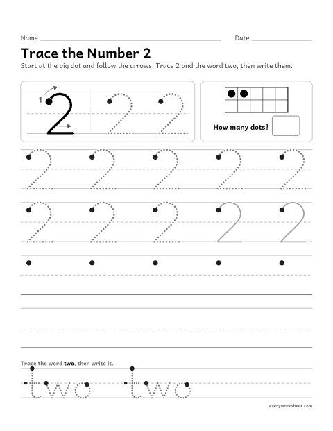 Preview of the printable “Trace the number 2” worksheet: writing the number 2