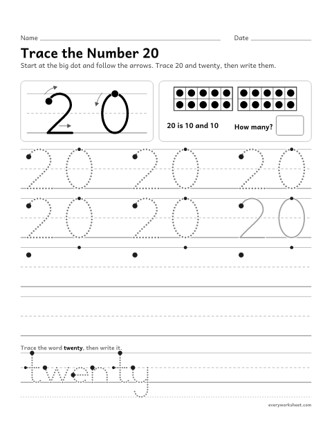 Preview of the printable “Trace the number 20” worksheet: writing the number 20