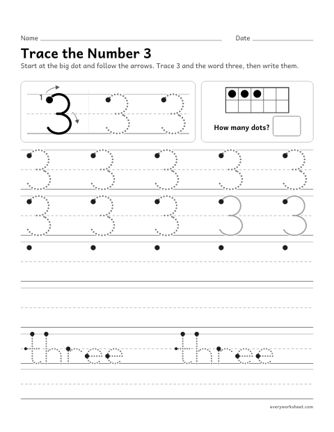 Preview of the printable “Trace the number 3” worksheet: writing the number 3