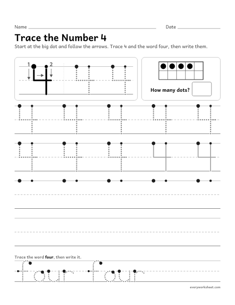 Preview of the printable “Trace the number 4” worksheet: writing the number 4
