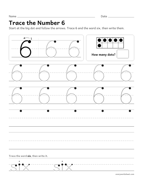 Preview of the printable “Trace the number 6” worksheet: writing the number 6