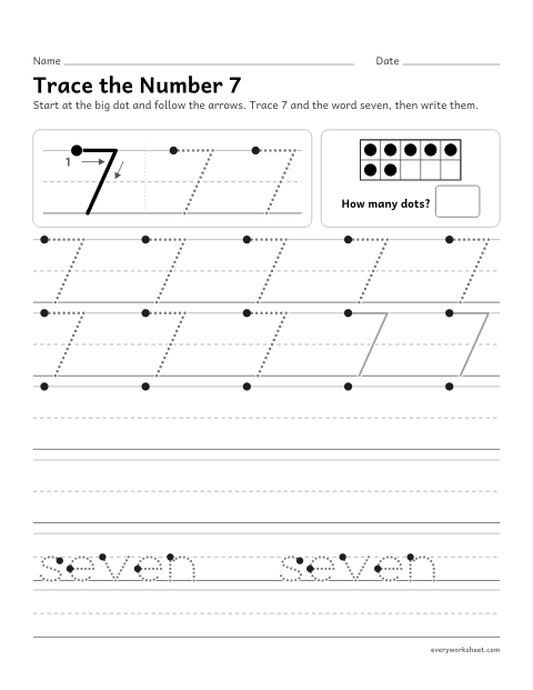 Preview of the printable “Trace the number 7” worksheet: writing the number 7