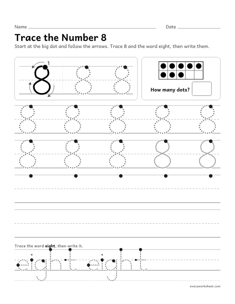 Preview of the printable “Trace the number 8” worksheet: writing the number 8
