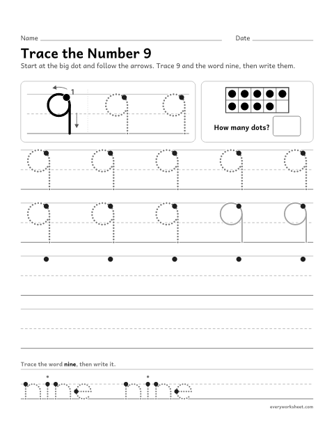 Preview of the printable “Trace the number 9” worksheet: writing the number 9