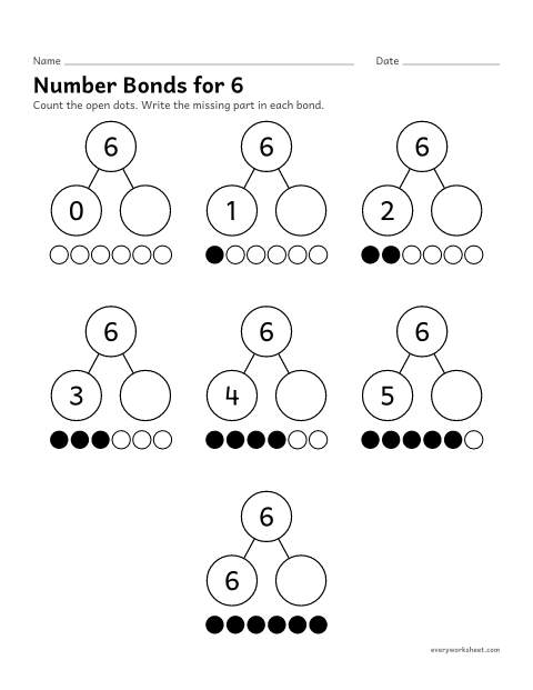 Preview of the printable “Number bonds for 6” worksheet: every way to split 6 into two parts
