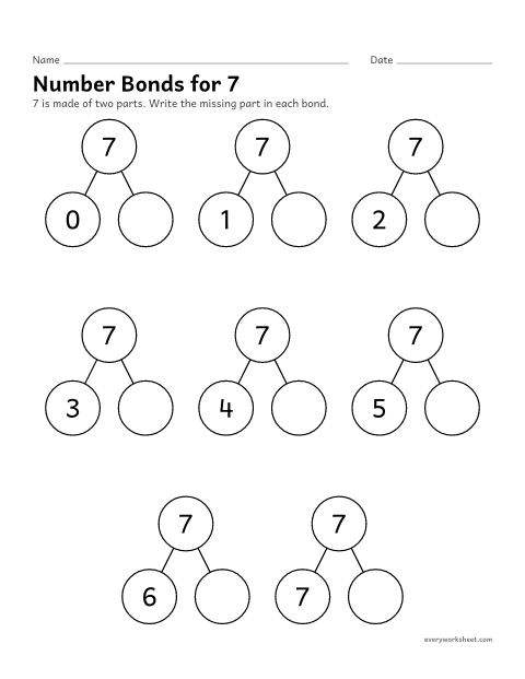 Preview of the printable “Number bonds for 7” worksheet: every way to split 7 into two parts