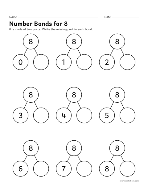 Preview of the printable “Number bonds for 8” worksheet: every way to split 8 into two parts