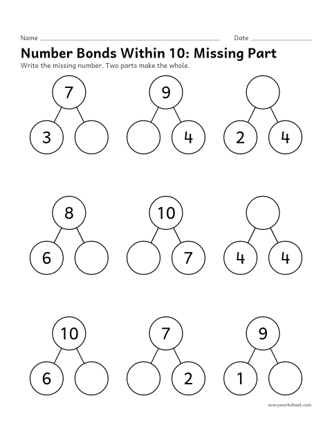 Preview of the printable “Number bonds within 10: missing part” worksheet: finding a missing part or whole within 10