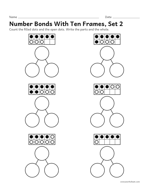 Preview of the printable “Number bonds with ten Frames, set 2” worksheet: writing the parts and whole shown in a ten frame