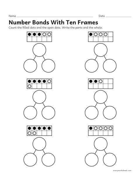 Preview of the printable “Number bonds with ten frames” worksheet: writing the parts and whole shown in a ten frame