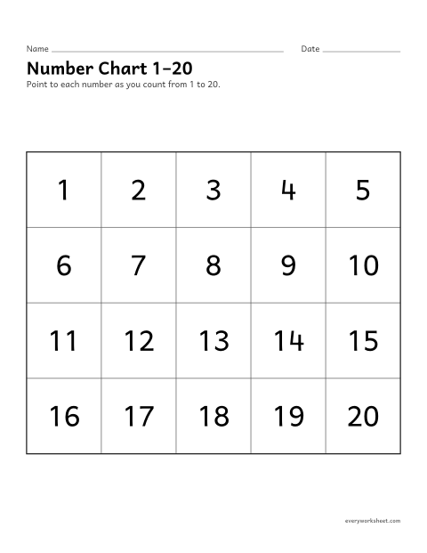 Preview of the printable “Number chart 1–20” worksheet: counting and reading numbers 1 to 20