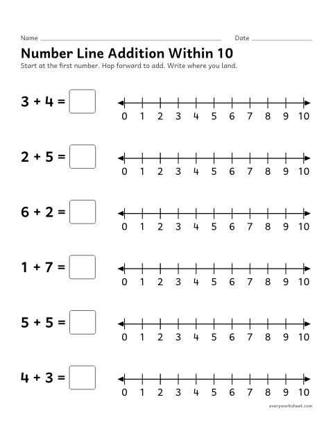 Preview of the printable “Number line addition within 10” worksheet: adding by hopping forward on a number line
