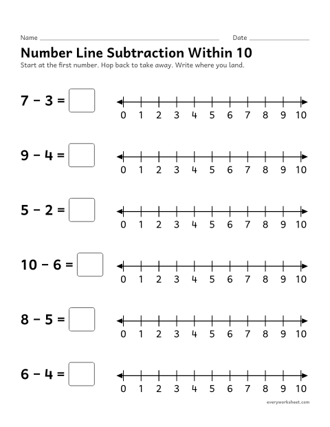 Preview of the printable “Number line subtraction within 10” worksheet: subtracting by hopping back on a number line