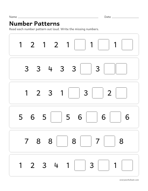 Preview of the printable “Number patterns” worksheet: continuing number patterns like 1, 2, 1, 2
