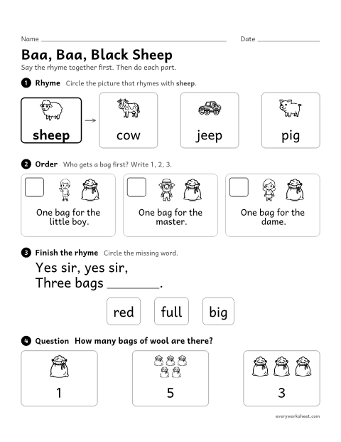 Preview of the printable “Baa, Baa, black sheep nursery rhyme activity” worksheet: hearing rhymes, putting events in order and answering a question about Baa, Baa, Black Sheep