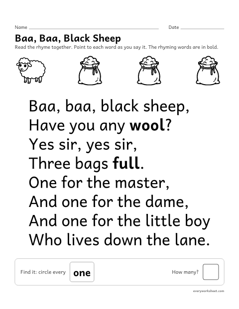 Preview of the printable “Baa, Baa, black sheep nursery rhyme printable” worksheet: reading the nursery rhyme Baa, Baa, Black Sheep together and finding a word in it