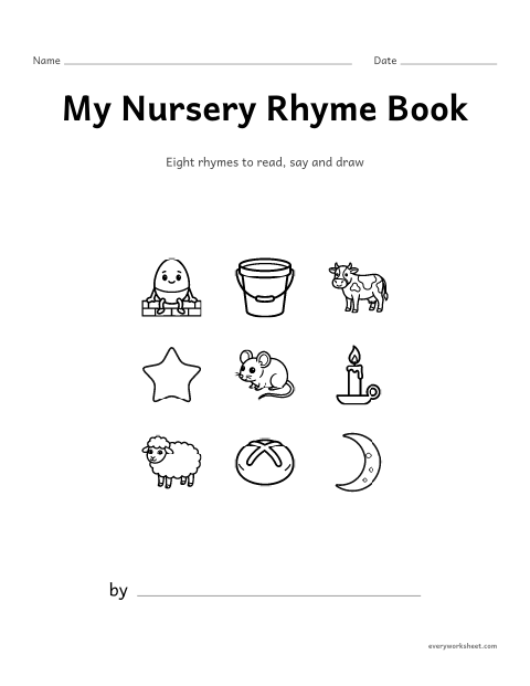 Preview of the printable “Nursery rhyme book” worksheet: reading a book of nursery rhymes page by page and drawing each rhyme