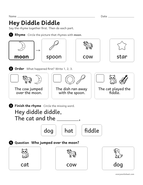 Preview of the printable “Hey diddle diddle nursery rhyme activity” worksheet: hearing rhymes, putting events in order and answering a question about Hey Diddle Diddle