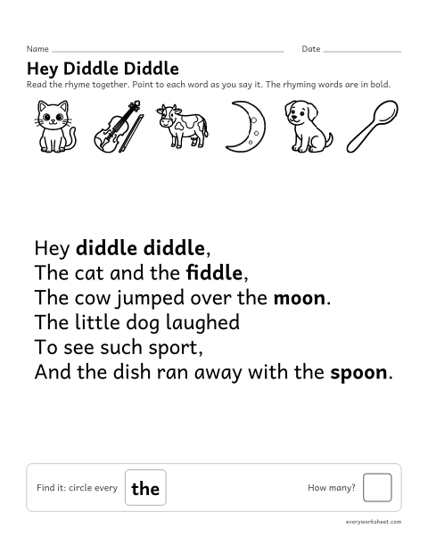 Preview of the printable “Hey diddle diddle nursery rhyme printable” worksheet: reading the nursery rhyme Hey Diddle Diddle together and finding a word in it