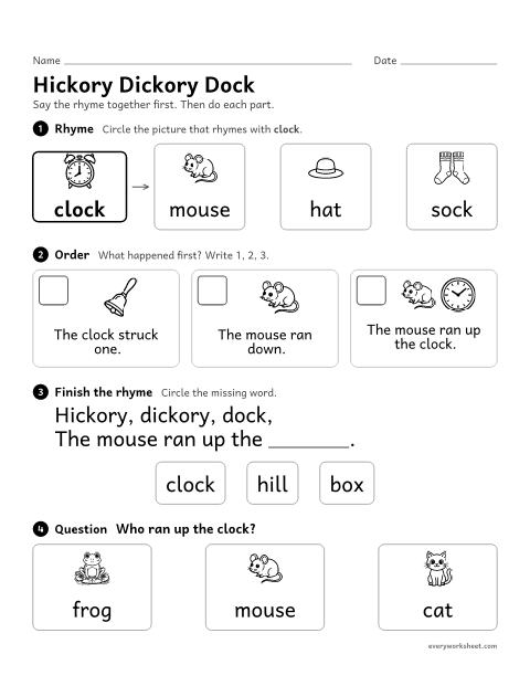 Preview of the printable “Hickory dickory dock nursery rhyme activity” worksheet: hearing rhymes, putting events in order and answering a question about Hickory Dickory Dock