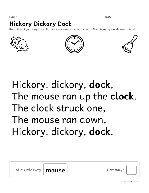 Preview of the printable “Hickory dickory dock nursery rhyme printable” worksheet: reading the nursery rhyme Hickory Dickory Dock together and finding a word in it