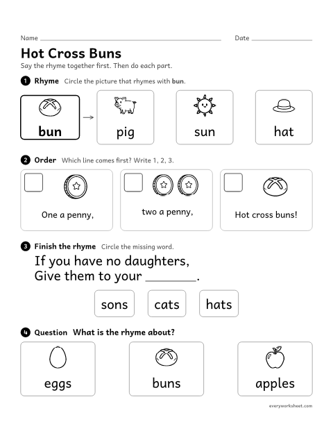 Preview of the printable “Hot cross buns nursery rhyme activity” worksheet: hearing rhymes, putting events in order and answering a question about Hot Cross Buns