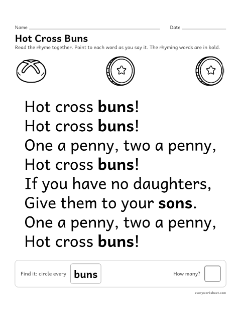 Preview of the printable “Hot cross buns nursery rhyme printable” worksheet: reading the nursery rhyme Hot Cross Buns together and finding a word in it