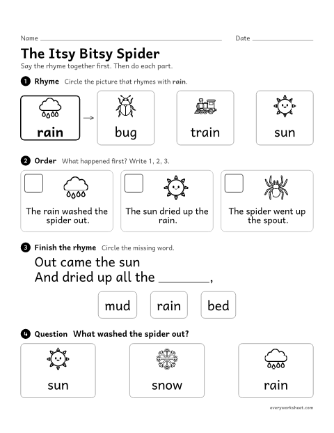 Preview of the printable “The itsy bitsy spider nursery rhyme activity” worksheet: hearing rhymes, putting events in order and answering a question about The Itsy Bitsy Spider
