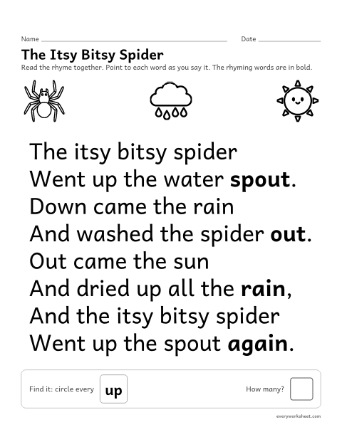 Preview of the printable “The itsy bitsy spider nursery rhyme printable” worksheet: reading the nursery rhyme The Itsy Bitsy Spider together and finding a word in it