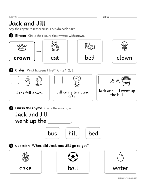 Preview of the printable “Jack and jill nursery rhyme activity” worksheet: hearing rhymes, putting events in order and answering a question about Jack and Jill
