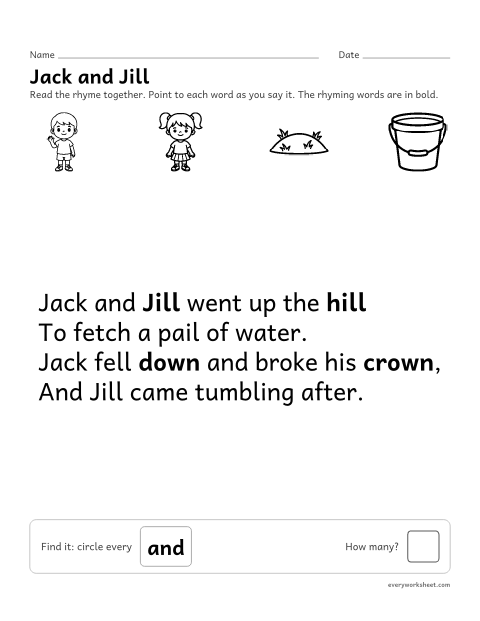 Preview of the printable “Jack and jill nursery rhyme printable” worksheet: reading the nursery rhyme Jack and Jill together and finding a word in it