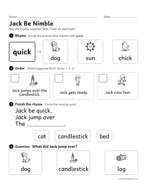 Preview of the printable “Jack be nimble nursery rhyme activity” worksheet: hearing rhymes, putting events in order and answering a question about Jack Be Nimble